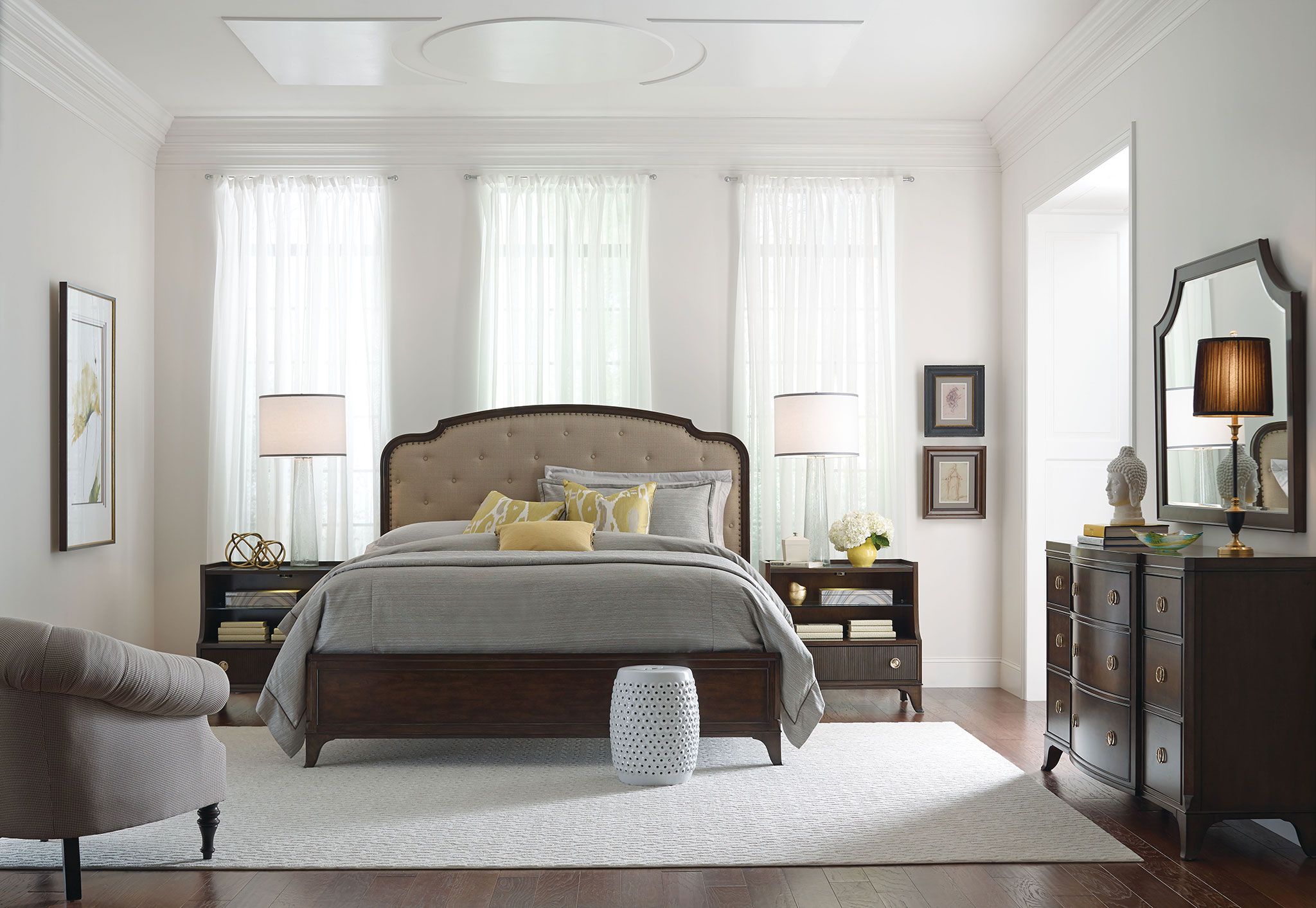 American Drew Grantham Hall King Upholstered Panel Bed with Button